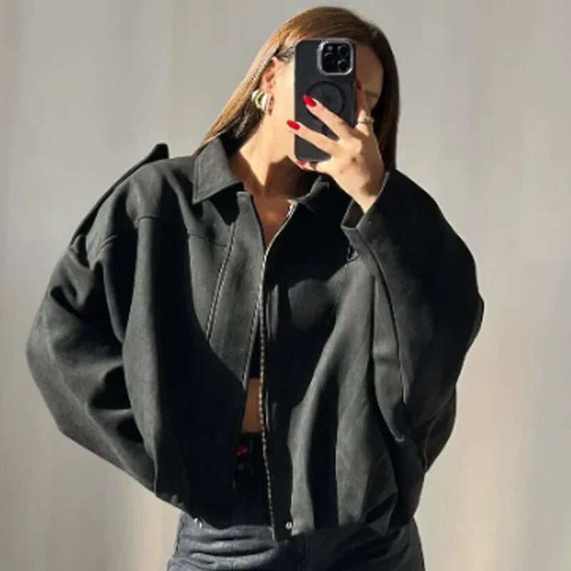 Cropped Zip-Up Polyester Bomber Jacket
