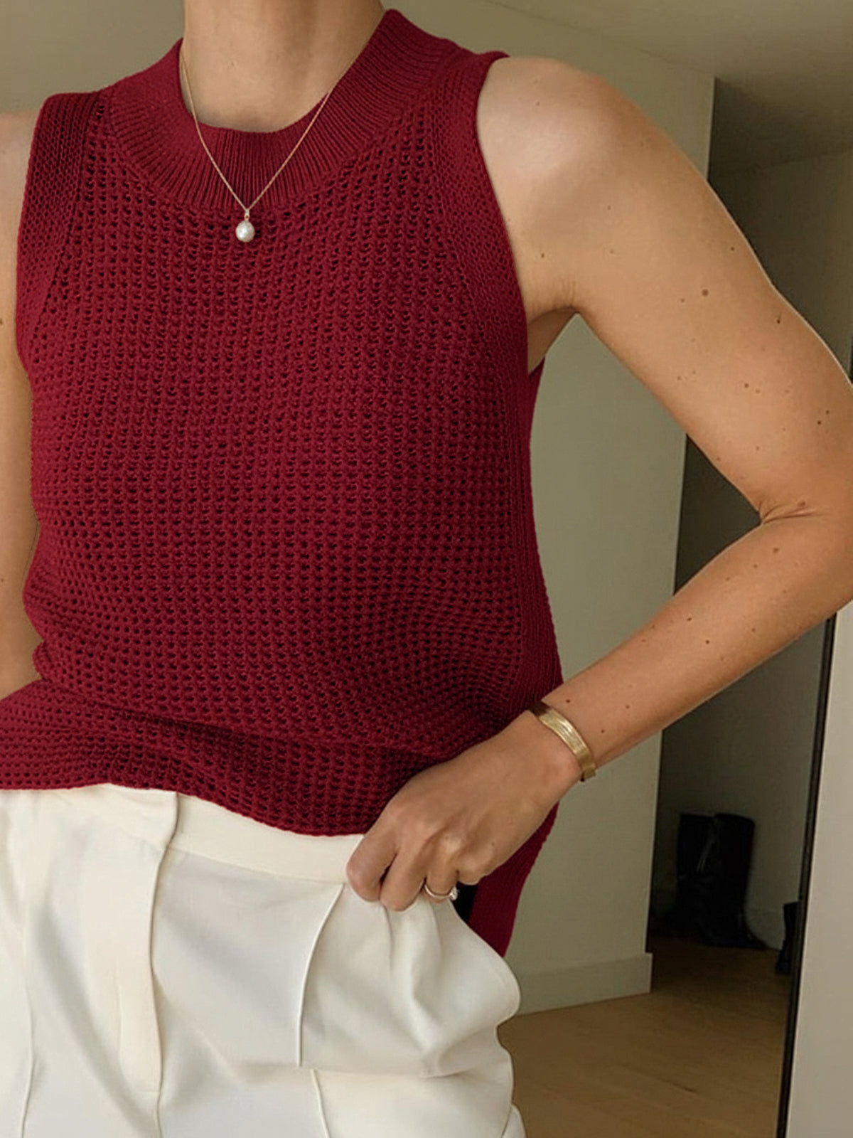 Knit Crew Neck Sleeveless Tank Top