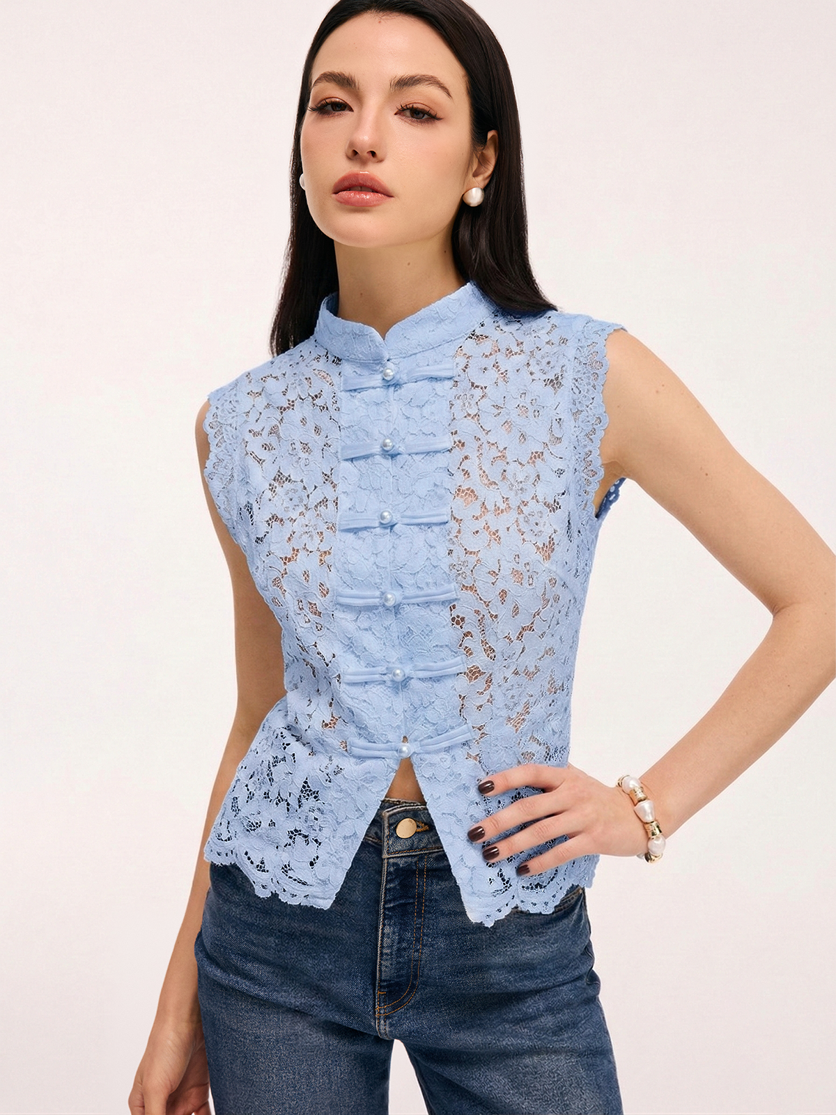 Lace Mandarin Collar Sleeveless Tank Top