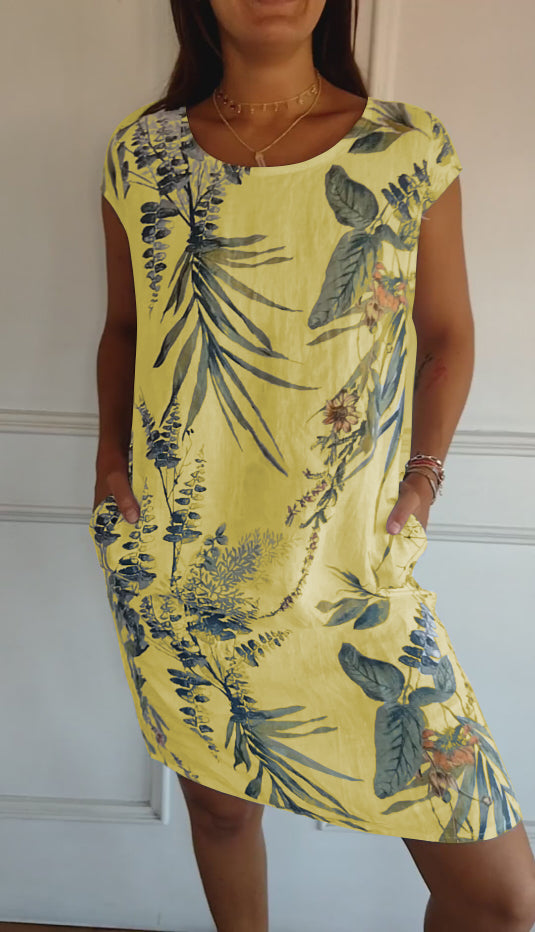 Leaf Print Short Sleeve Summer Dress