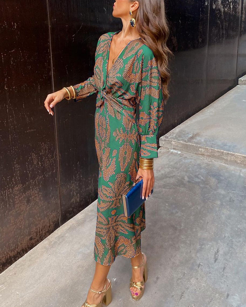 Long Sleeve Knotted V-Neck Maxi Dress