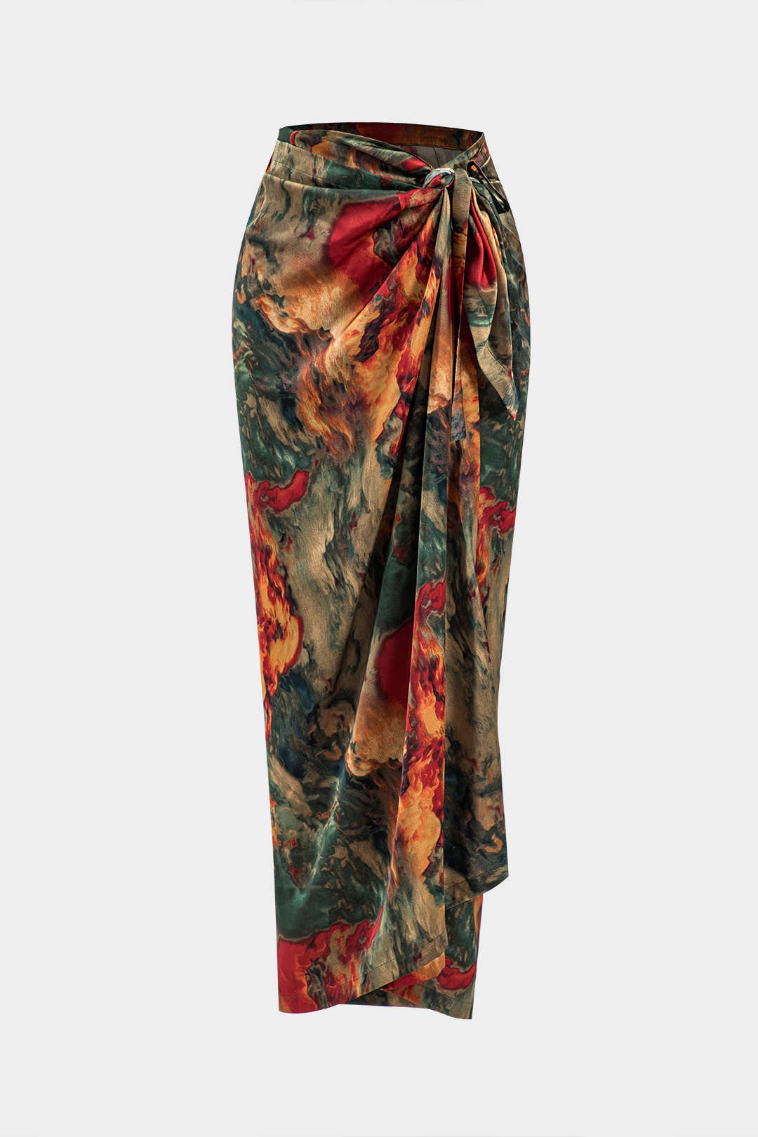 Satin Floral Print Tie Front Midi Skirt