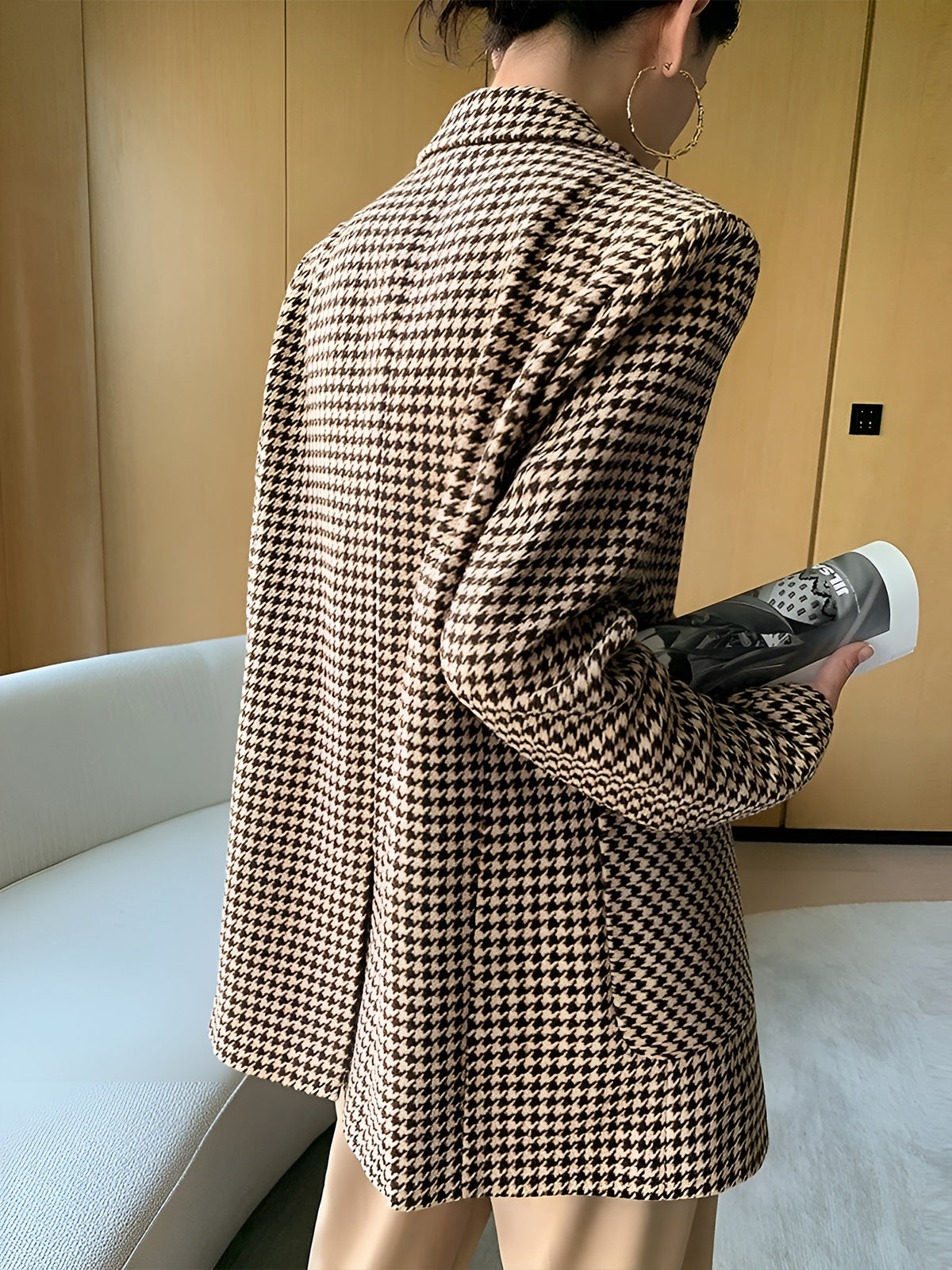Woven Houndstooth Blazer With Belt