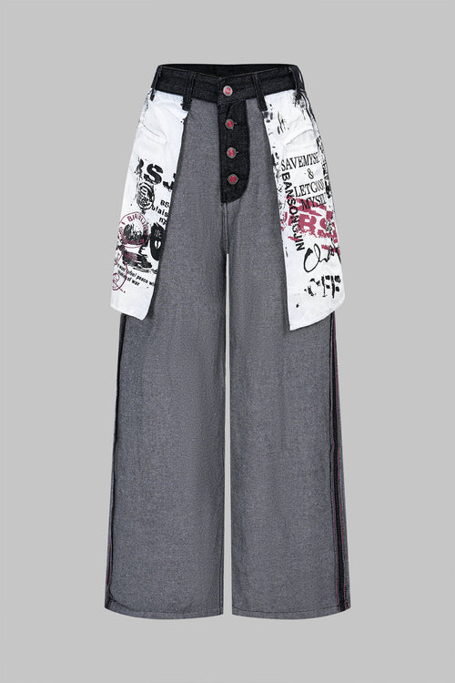 Artistic Print Wide Leg Jeans Women