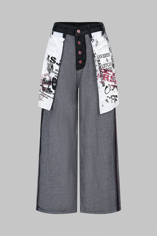 Artistic Print Wide Leg Jeans Women