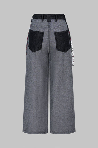 Artistic Print Wide Leg Jeans Women