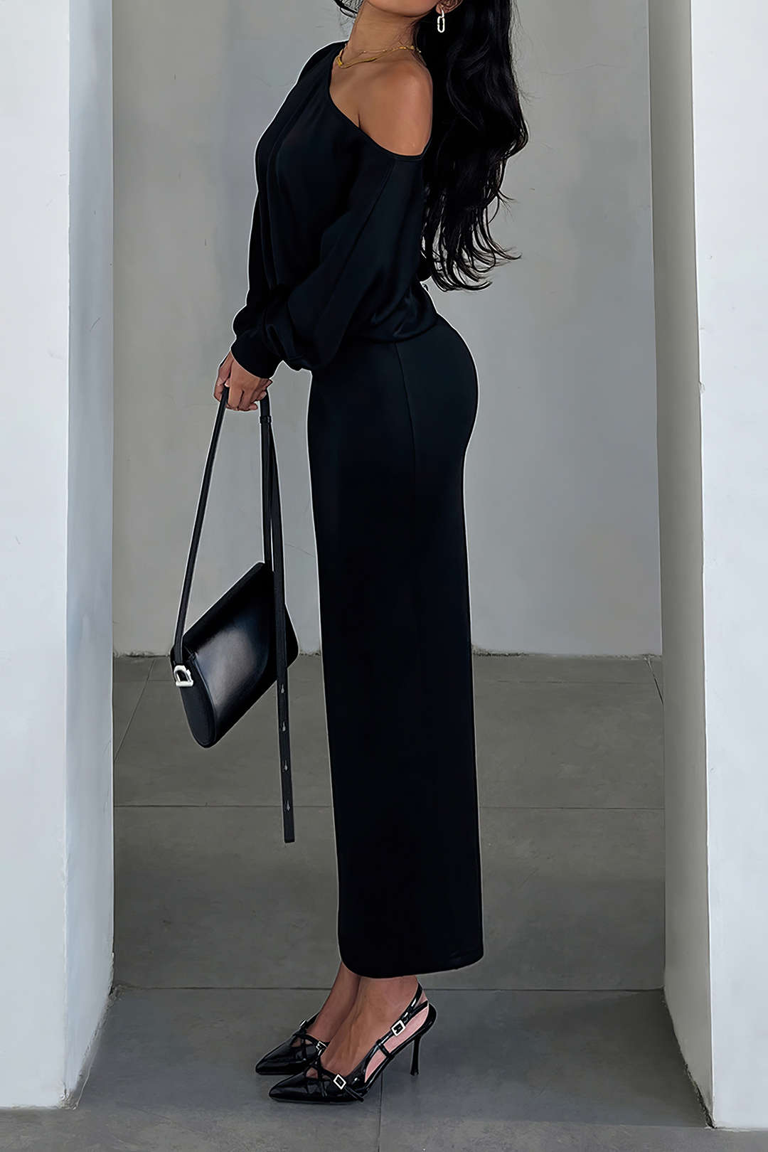 Asymmetrical Long Sleeve Midi Dress