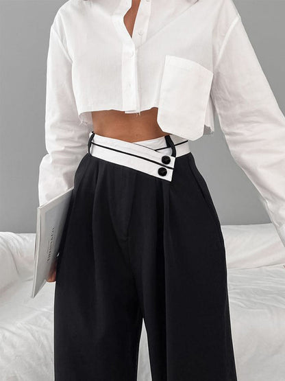 Asymmetrical Waistband Wide Leg Trousers