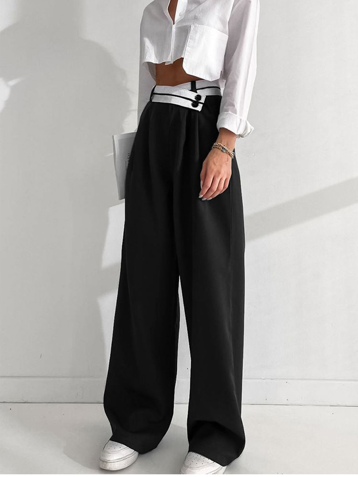 Asymmetrical Waistband Wide Leg Trousers