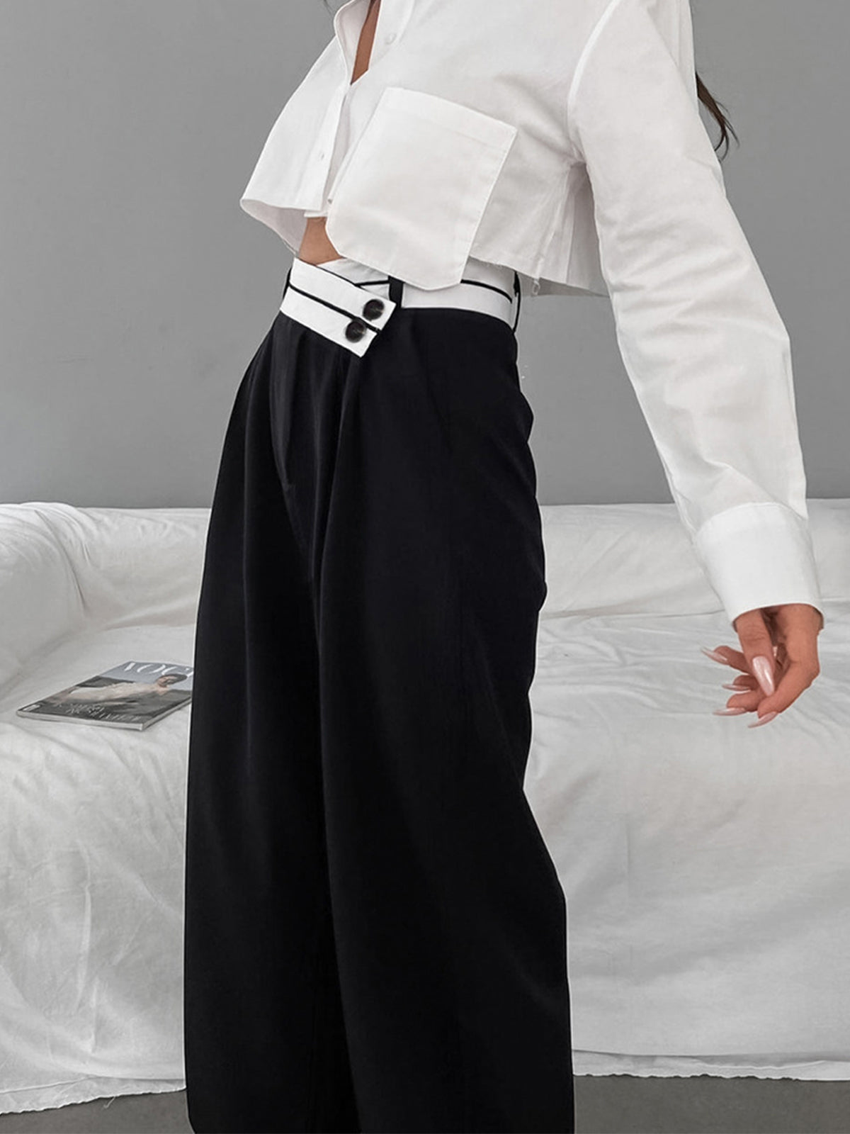 Asymmetrical Waistband Wide Leg Trousers