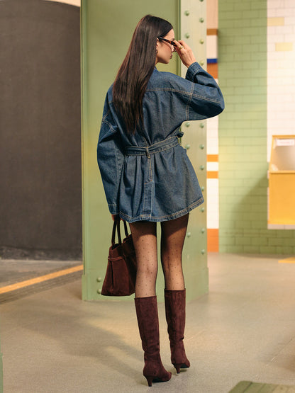 Belted Denim Long Sleeve Cargo Jacket