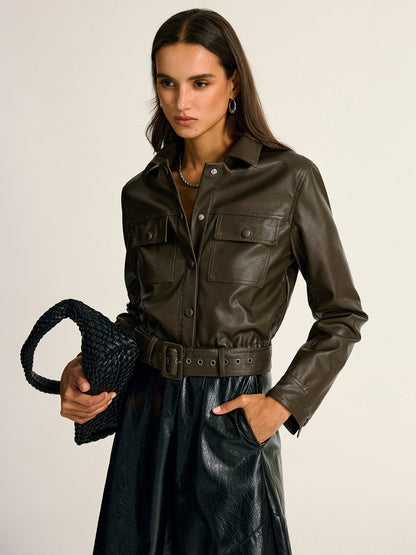 Belted Faux Leather Cargo Jacket