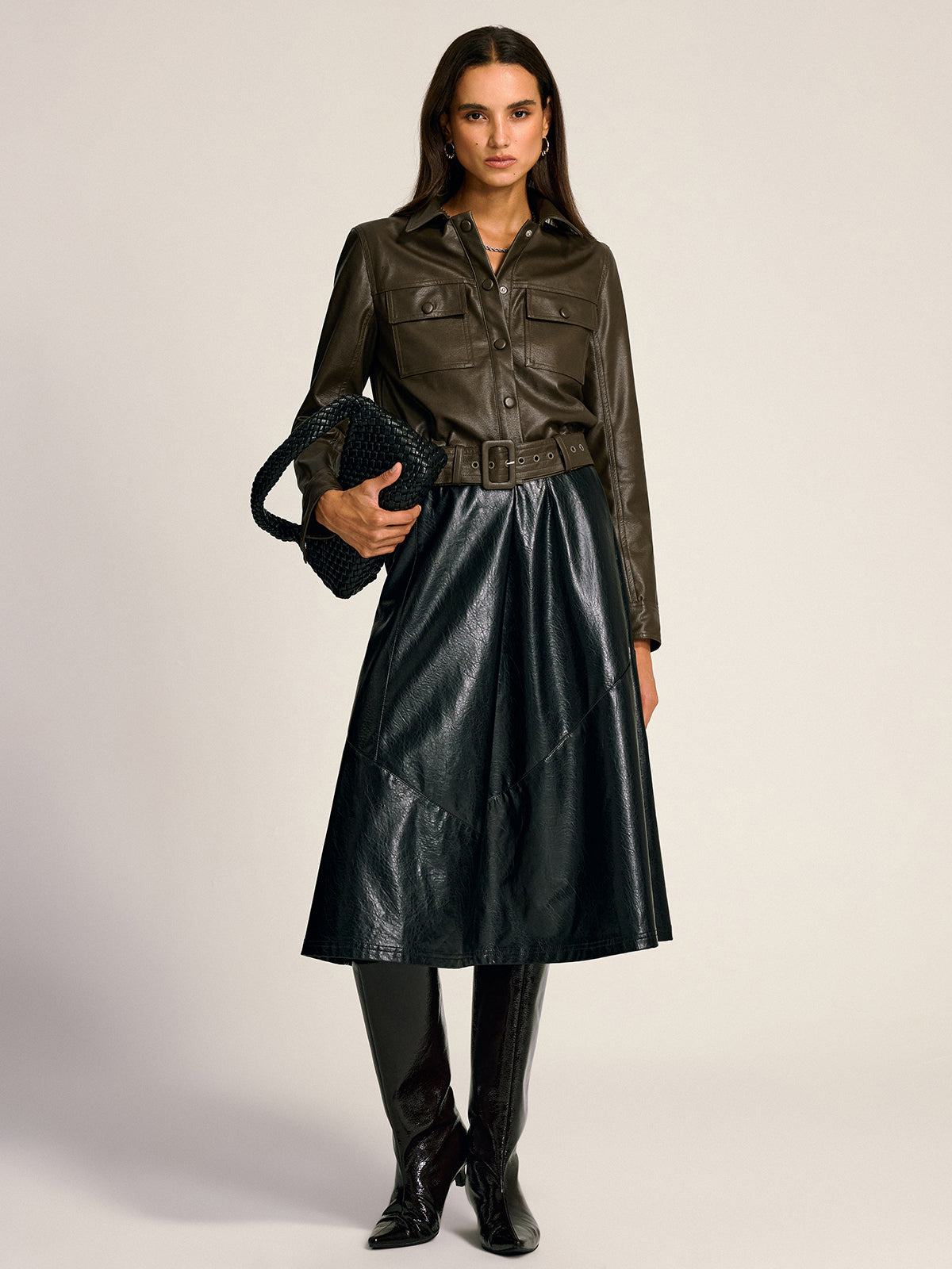 Belted Faux Leather Cargo Jacket