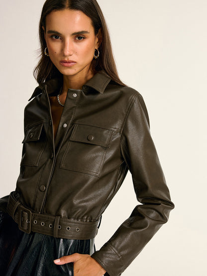 Belted Faux Leather Cargo Jacket