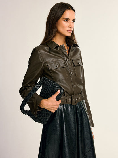 Belted Faux Leather Cargo Jacket