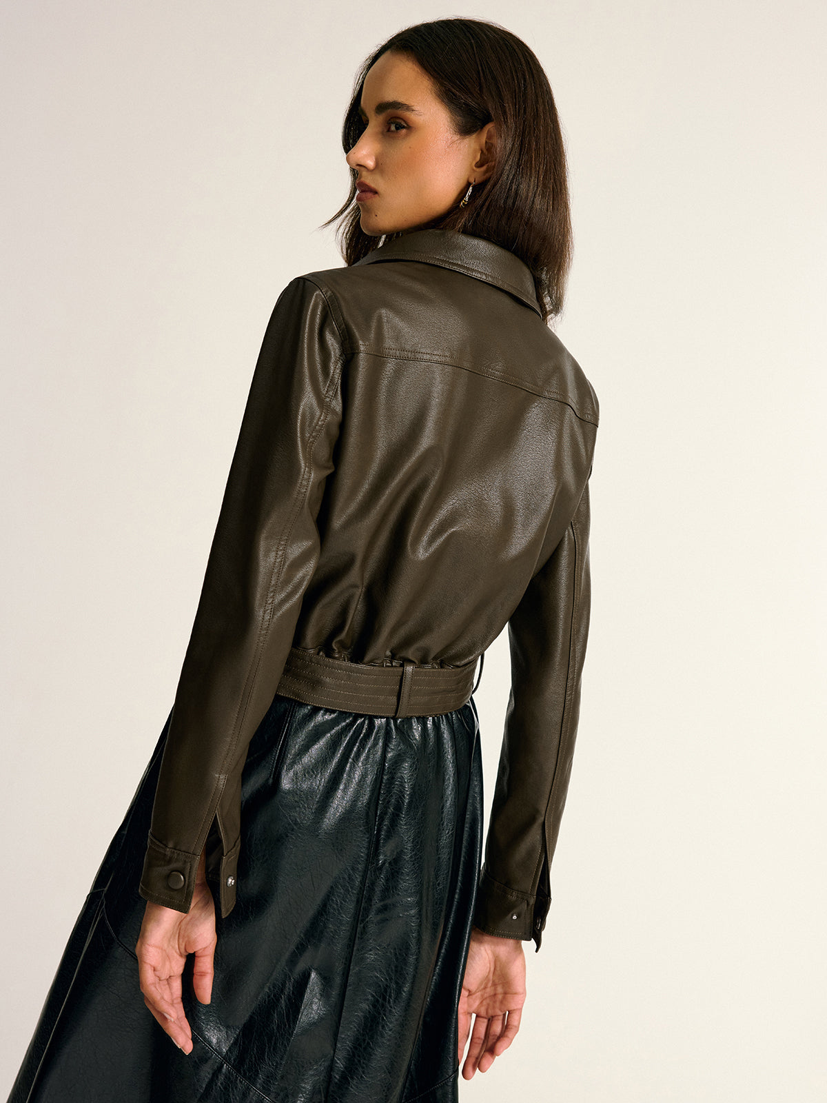 Belted Faux Leather Cargo Jacket