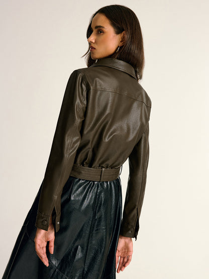 Belted Faux Leather Cargo Jacket