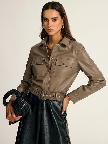 Belted Faux Leather Cargo Jacket