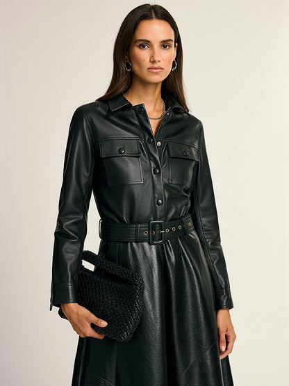 Belted Faux Leather Cargo Jacket
