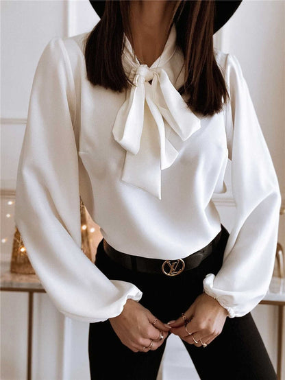 Bow Tie Neck Puff Sleeve Blouse