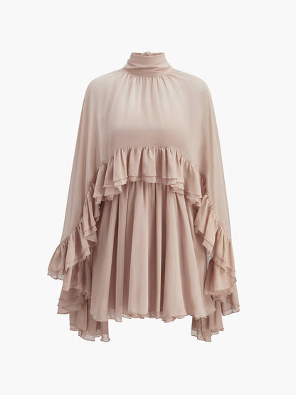 Chiffon Ruffle Cape Detail Dress