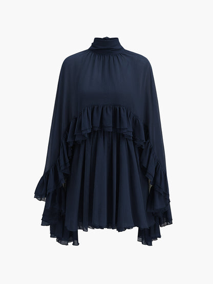 Chiffon Ruffle Mock Neck Dress