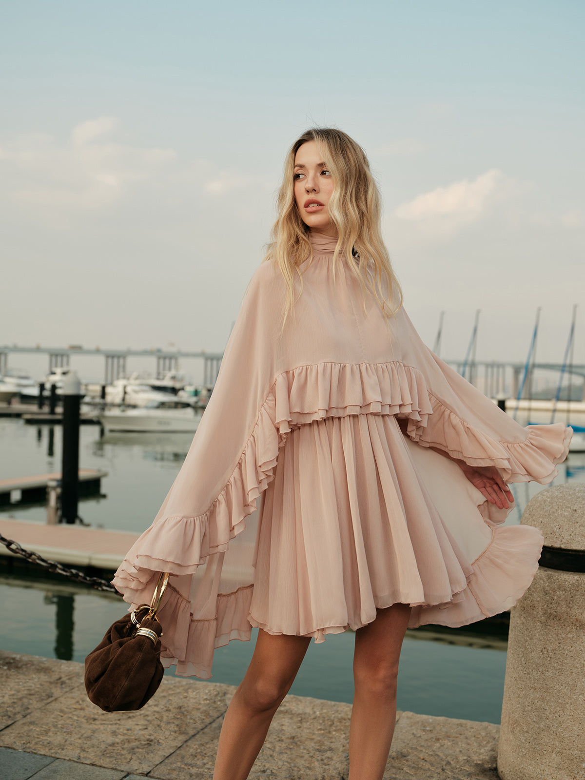 Chiffon Ruffle Mock Neck Dress