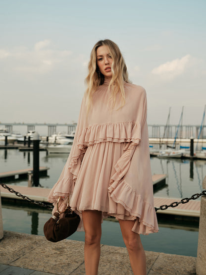 Chiffon Ruffle Mock Neck Dress
