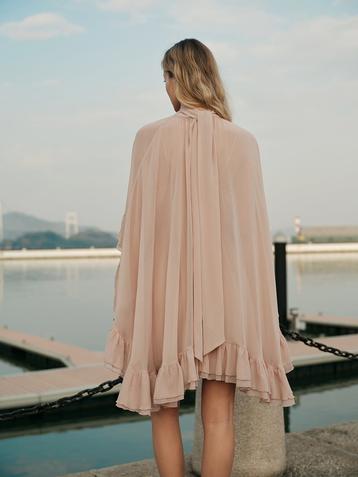 Chiffon Ruffle Mock Neck Dress