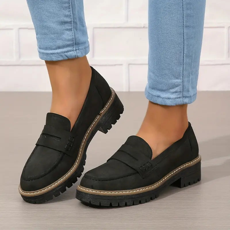 Chunky Sole Black Loafers for Women