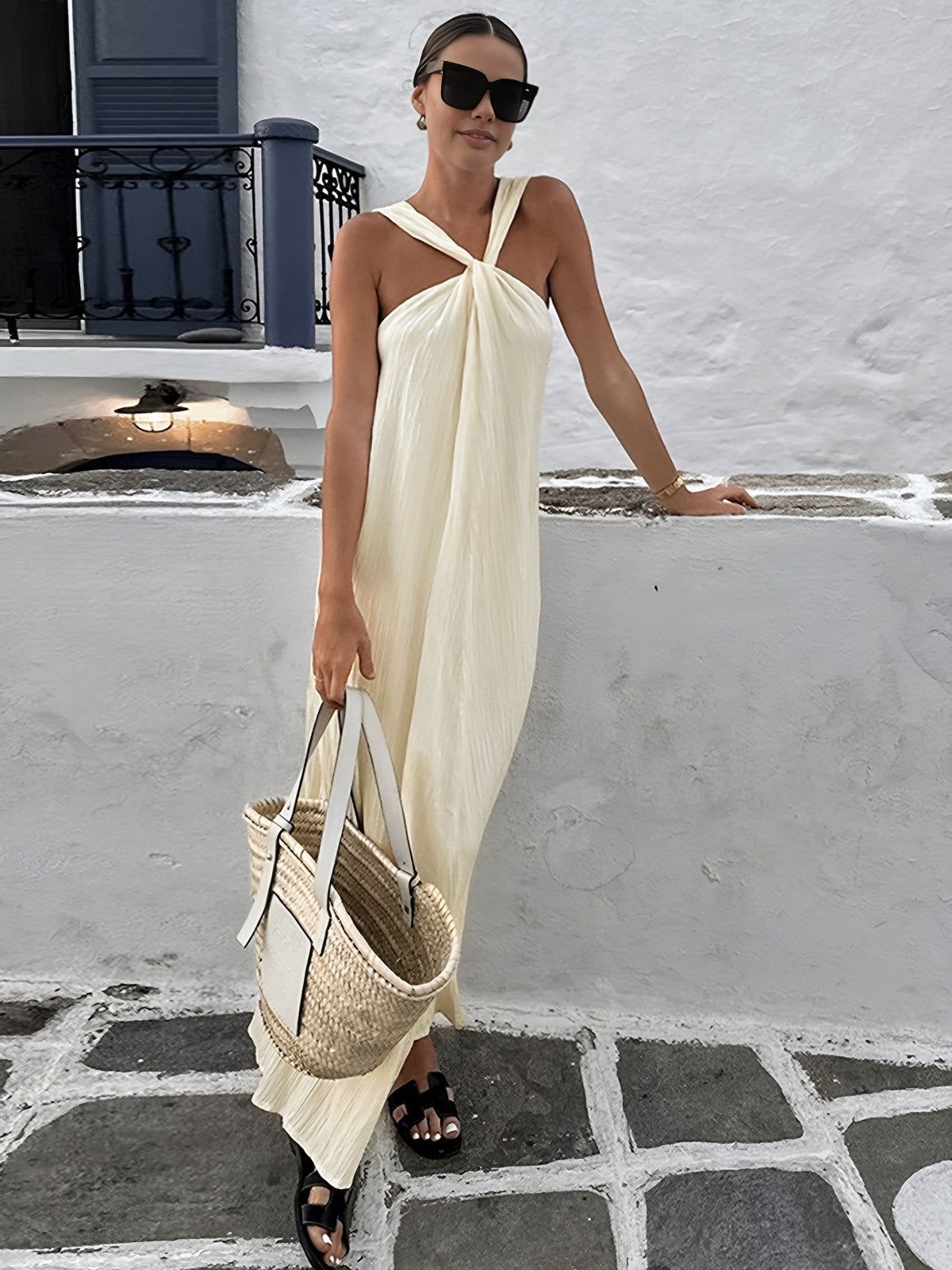 Cotton Blend Halter Maxi Dress