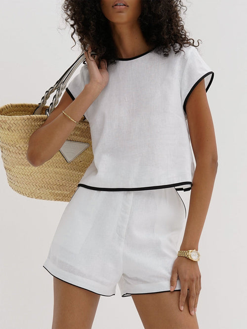 Cotton Contrast Trim Shorts Set