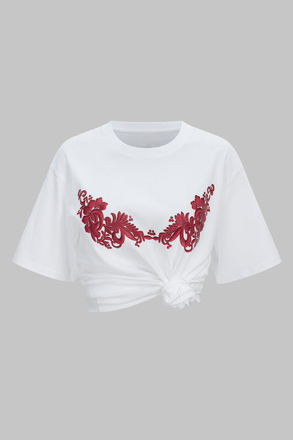Cotton Floral Embroidery Women's T-Shirt