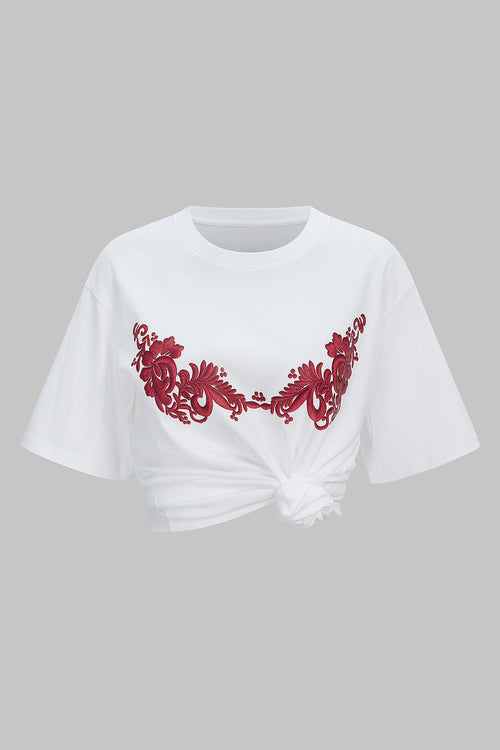 Cotton Floral Embroidery Women's T-Shirt
