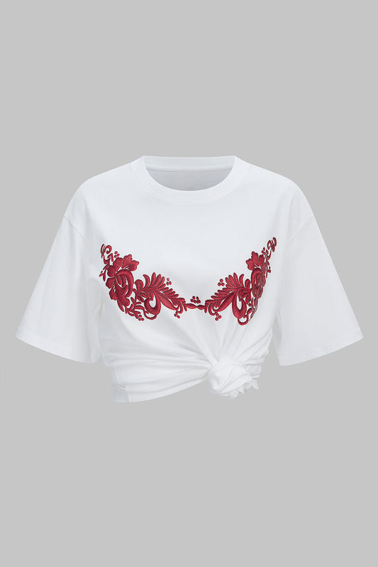 Cotton Floral Embroidery Women's T-Shirt