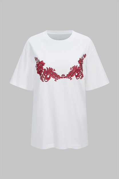 Cotton Floral Embroidery Women's T-Shirt