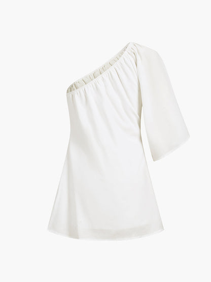 Cotton Linen One Sleeve White Dress