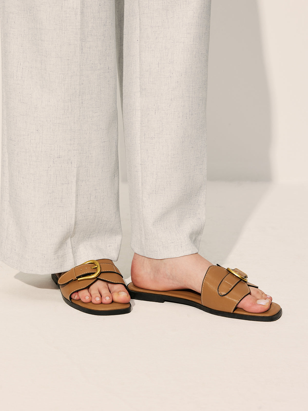 Cow Leather Buckled Slide Sandals