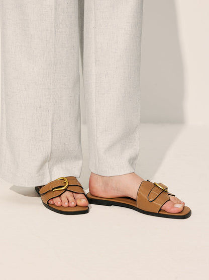 Cow Leather Buckled Slide Sandals