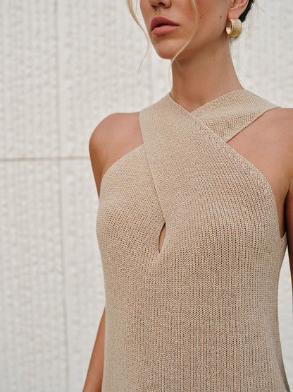 Cross-Over Collar Acrylic Nylon Tank Top