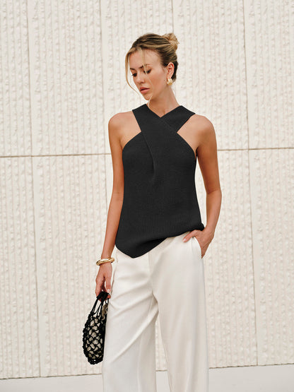 Cross-Over Collar Acrylic Nylon Tank Top