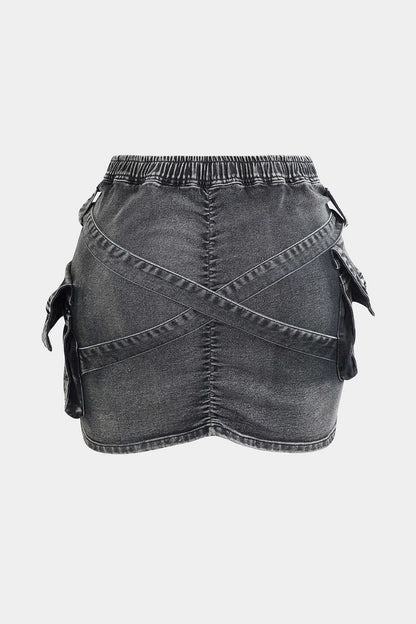 Denim Cargo Skirt With Flap Pockets