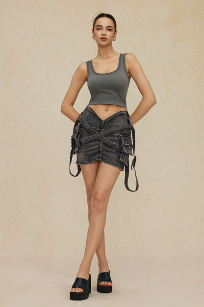 Denim Cargo Skirt With Flap Pockets