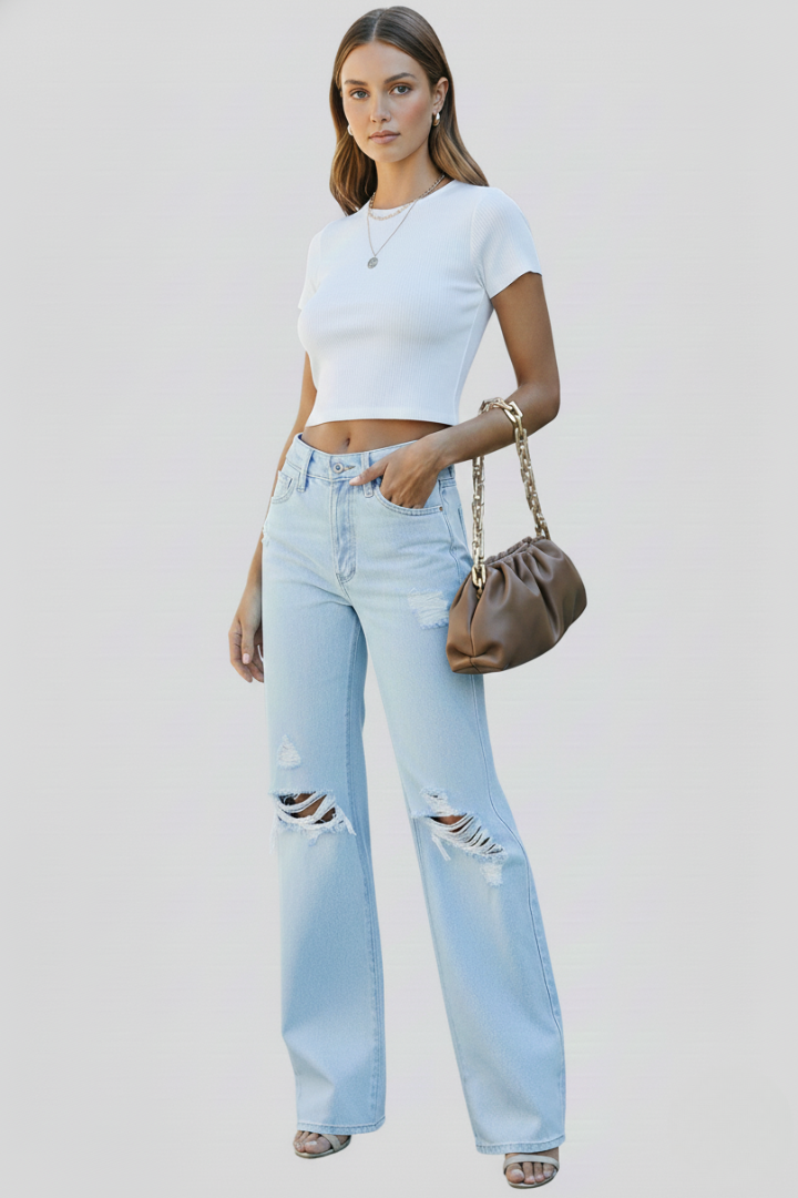 Distressed High Waisted Wide Leg Jeans