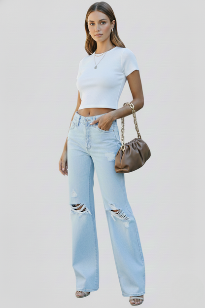 Distressed High Waisted Wide Leg Jeans