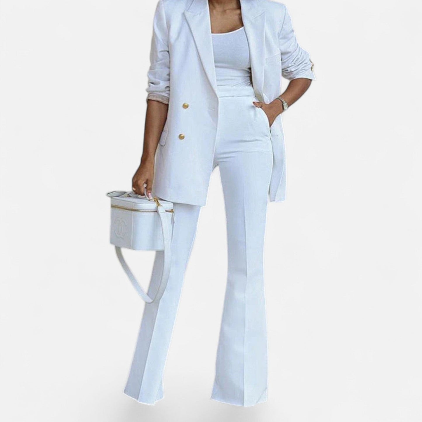 Double Breasted Tailored White Pantsuit