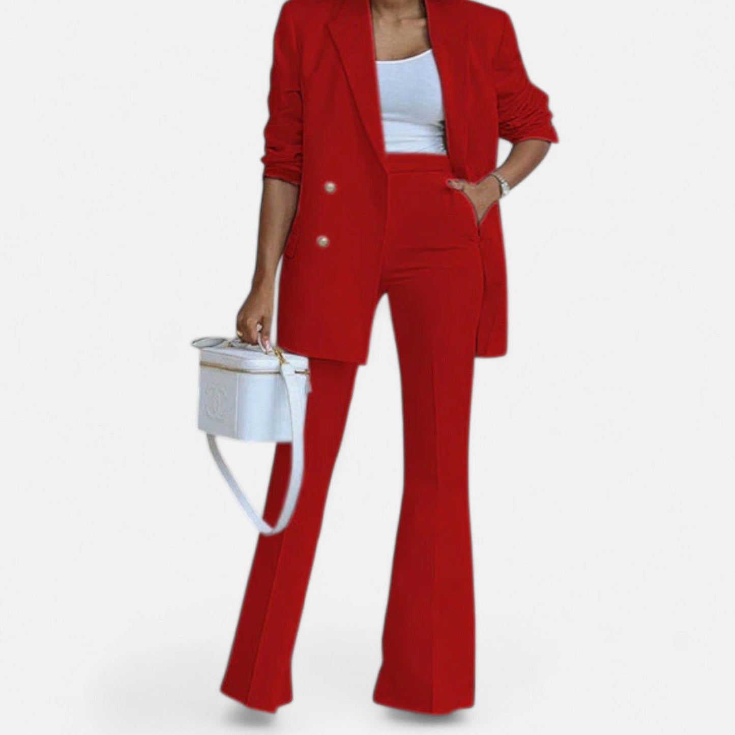 Double Breasted Tailored White Pantsuit