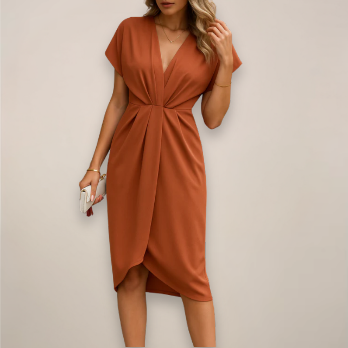 Draped Deep V-Neck Midi Dress