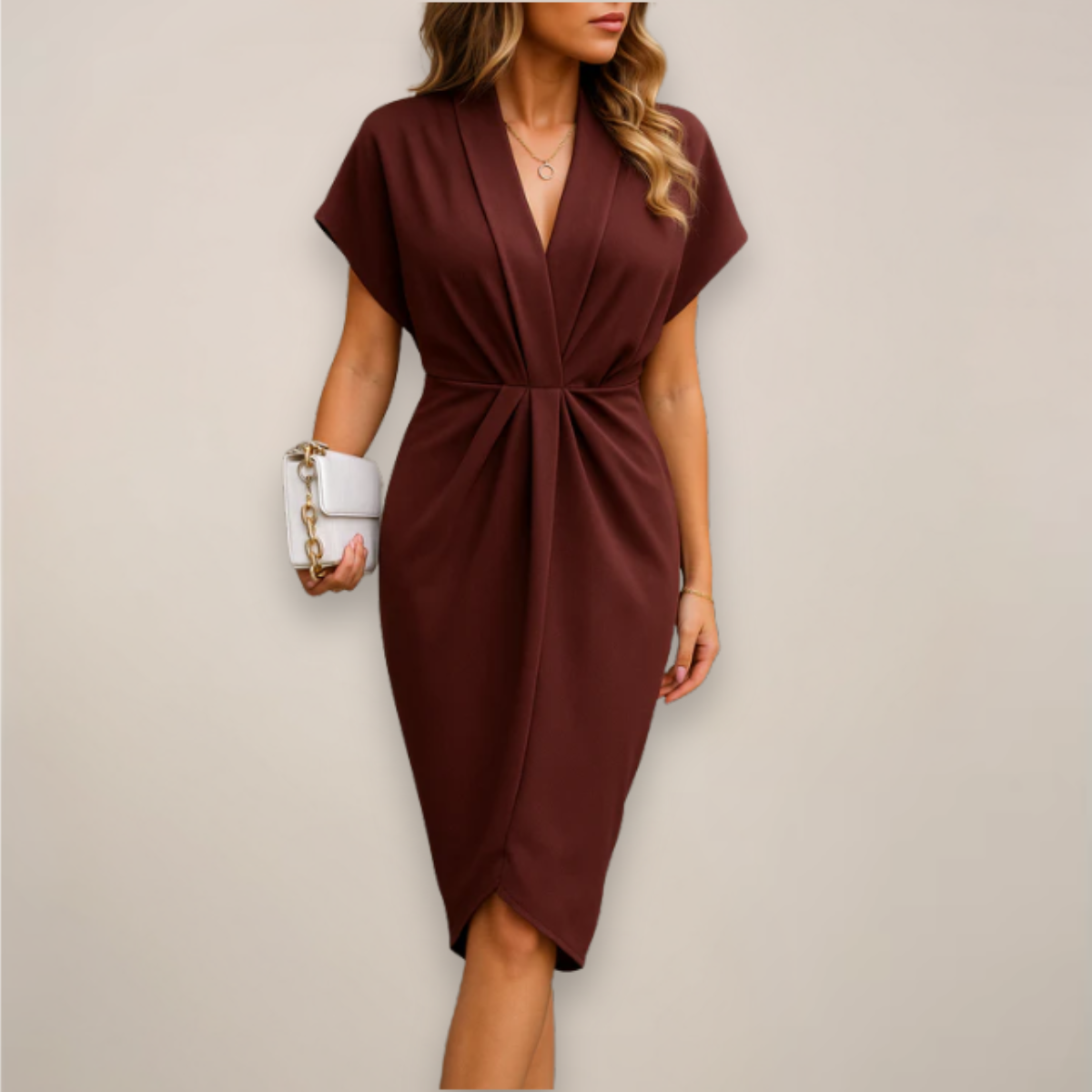Draped Deep V-Neck Midi Dress
