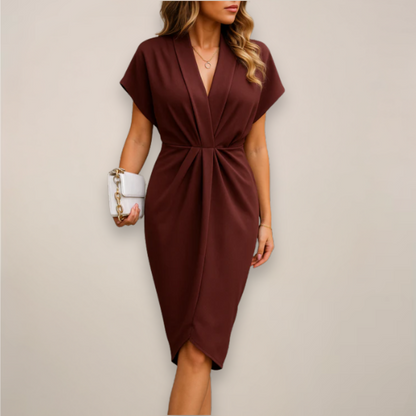 Draped Deep V-Neck Midi Dress